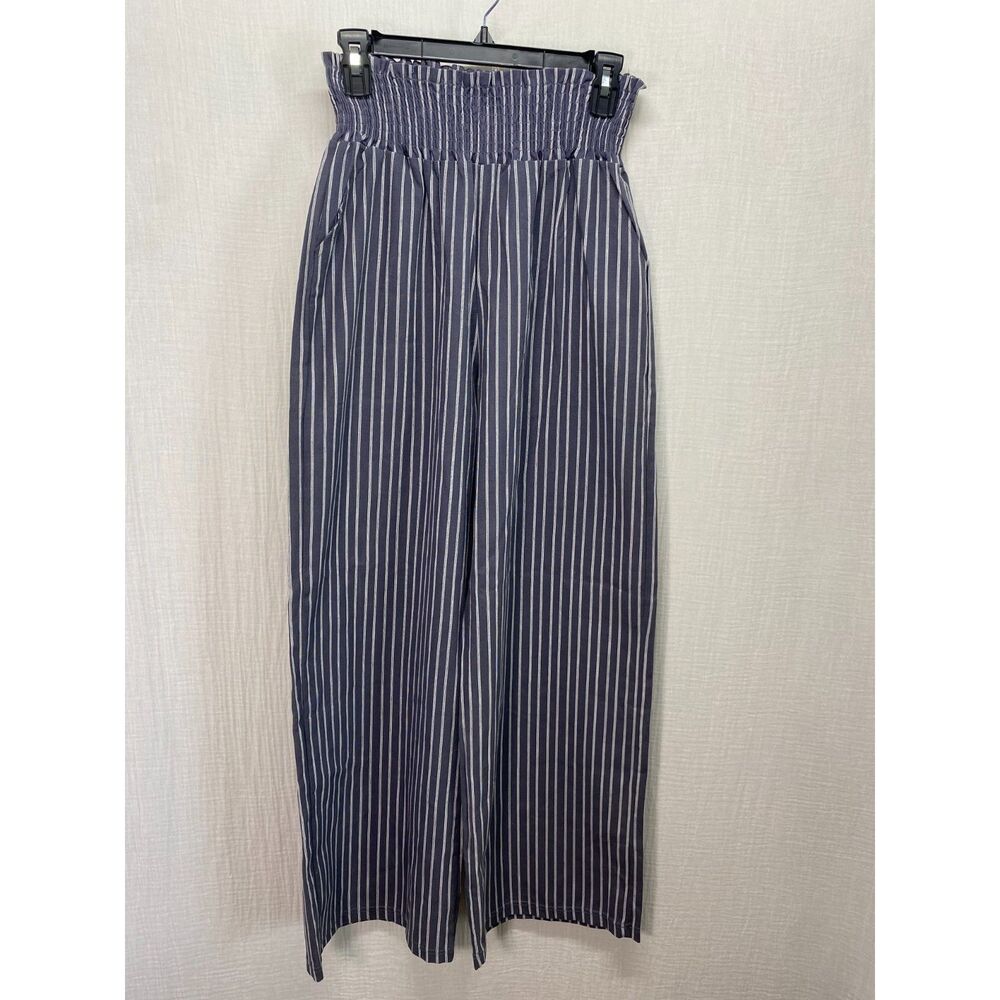 NEW Love 83 Linen Blend Pants Women's Size L Blue Stripped Wide Leg